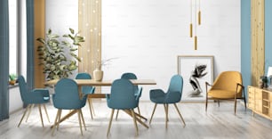 Interior de comedor o sala de estar modernos, casa escandinava con mesa de madera y sillas turquesas contra pared blanca con póster 3D renderizado