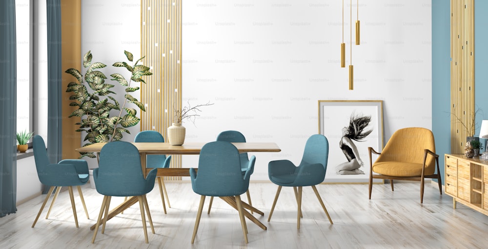 Interior of modern dining or living room, scandinavian home with wooden table and turquoise chairs against white wall with poster 3d rendering