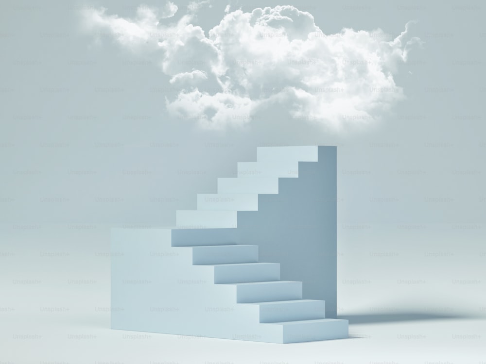 Abstract mockup podium for product presentation, blue background with clouds, 3d render, 3d illustration.