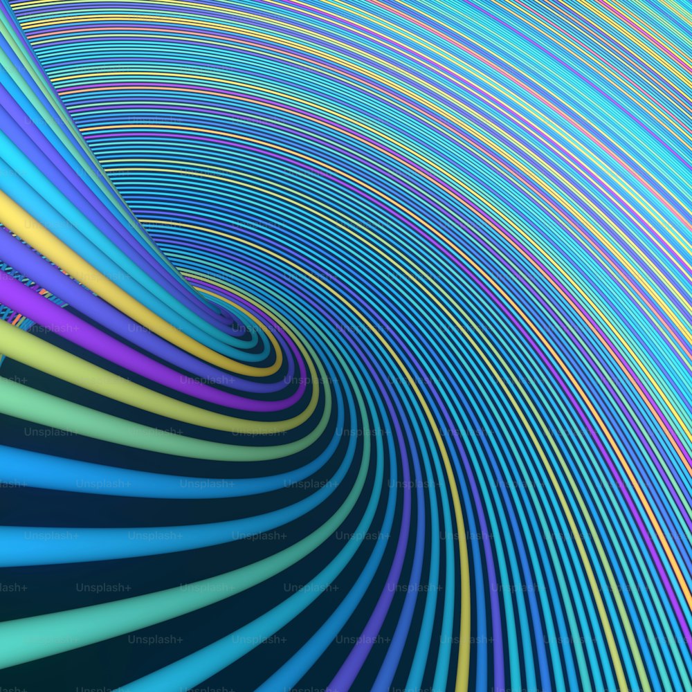 縞模様のねじれた色の線の波状のデジタルイラスト。幾何学的形状の曲がりくねったトレンディな抽象的テンプレート。クリエイティブでカラフルな装飾。3Dレンダリング