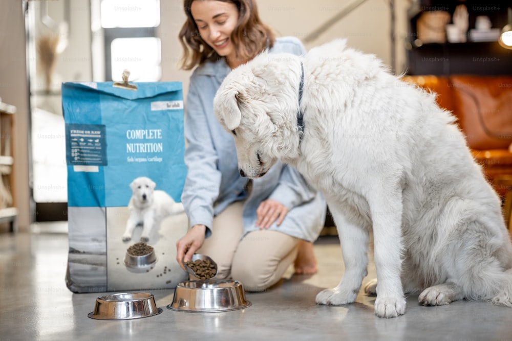 Young woman feeds her huge white dog with a dry food, sitting on the floor with a package of pet's food at home. Concept of healthy and balanced nutrition for pets