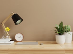 Interior wall mock up with flower vase,dark brown wall and wooden shelf.3D rendering