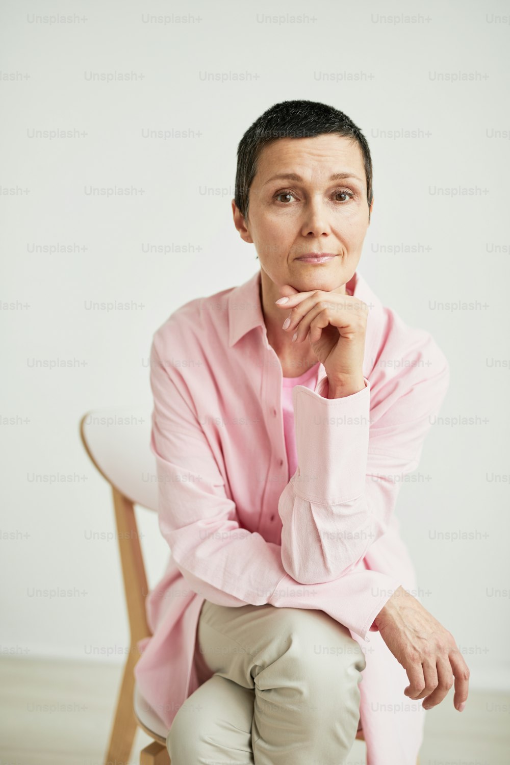 Minimales Porträt einer selbstbewussten, reifen Geschäftsfrau, die in die Kamera schaut, während sie ein rosa Hemd trägt
