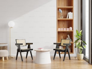 Interior moderno da sala de estar tem cadeira com mesa na parede branca e piso de madeira.3D renderização