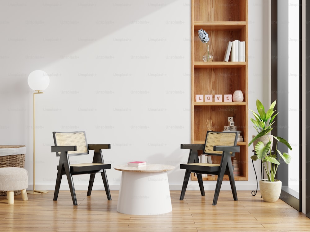 Interior moderno da sala de estar tem cadeira com mesa na parede branca e piso de madeira.3D renderização