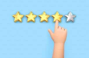 Cartoon hand showing on five stars rating on blue background. Customer experience concept. 3D rendering