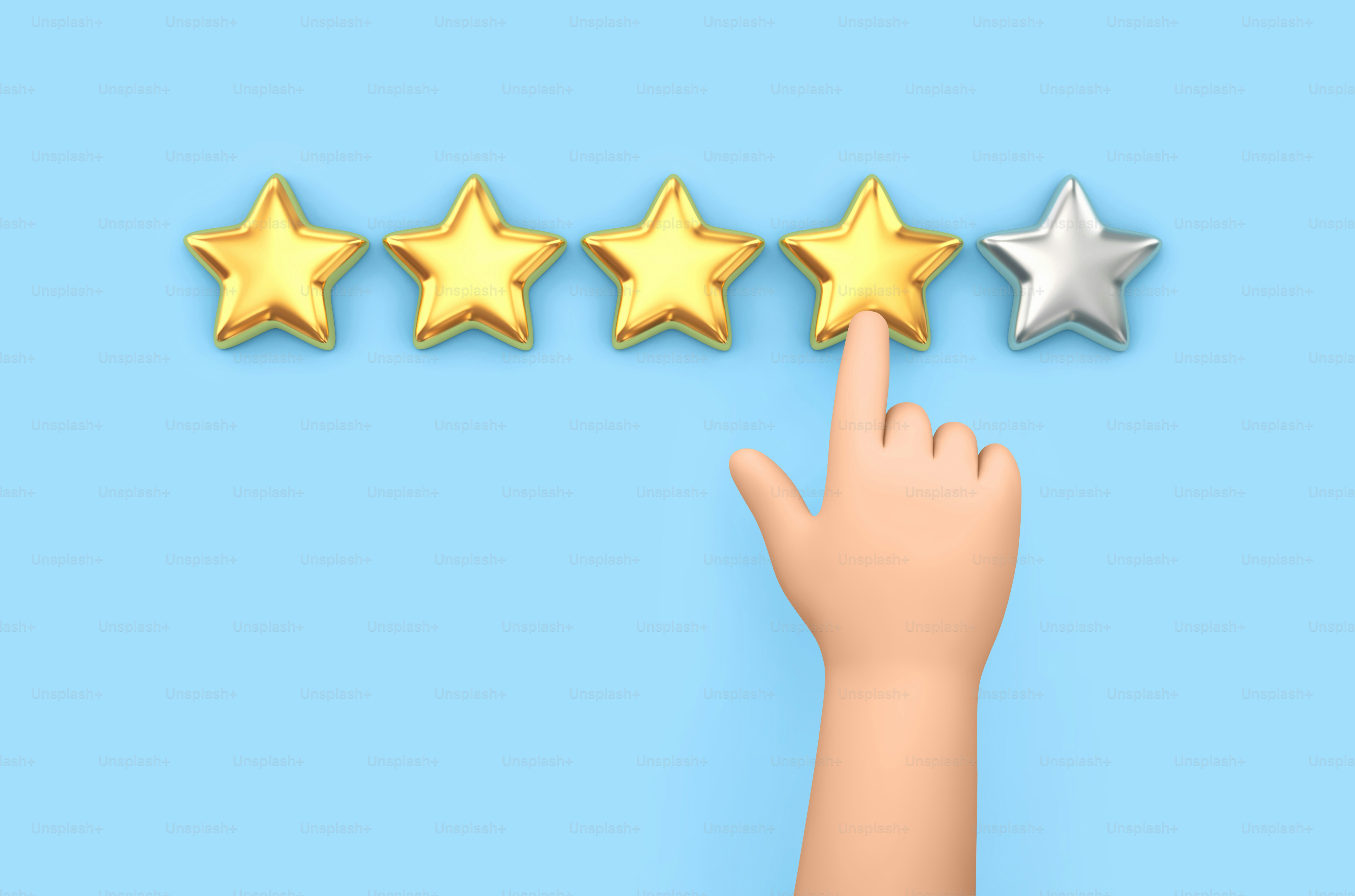 Cartoon hand showing on five stars rating on blue background. Customer experience concept. 3D rendering