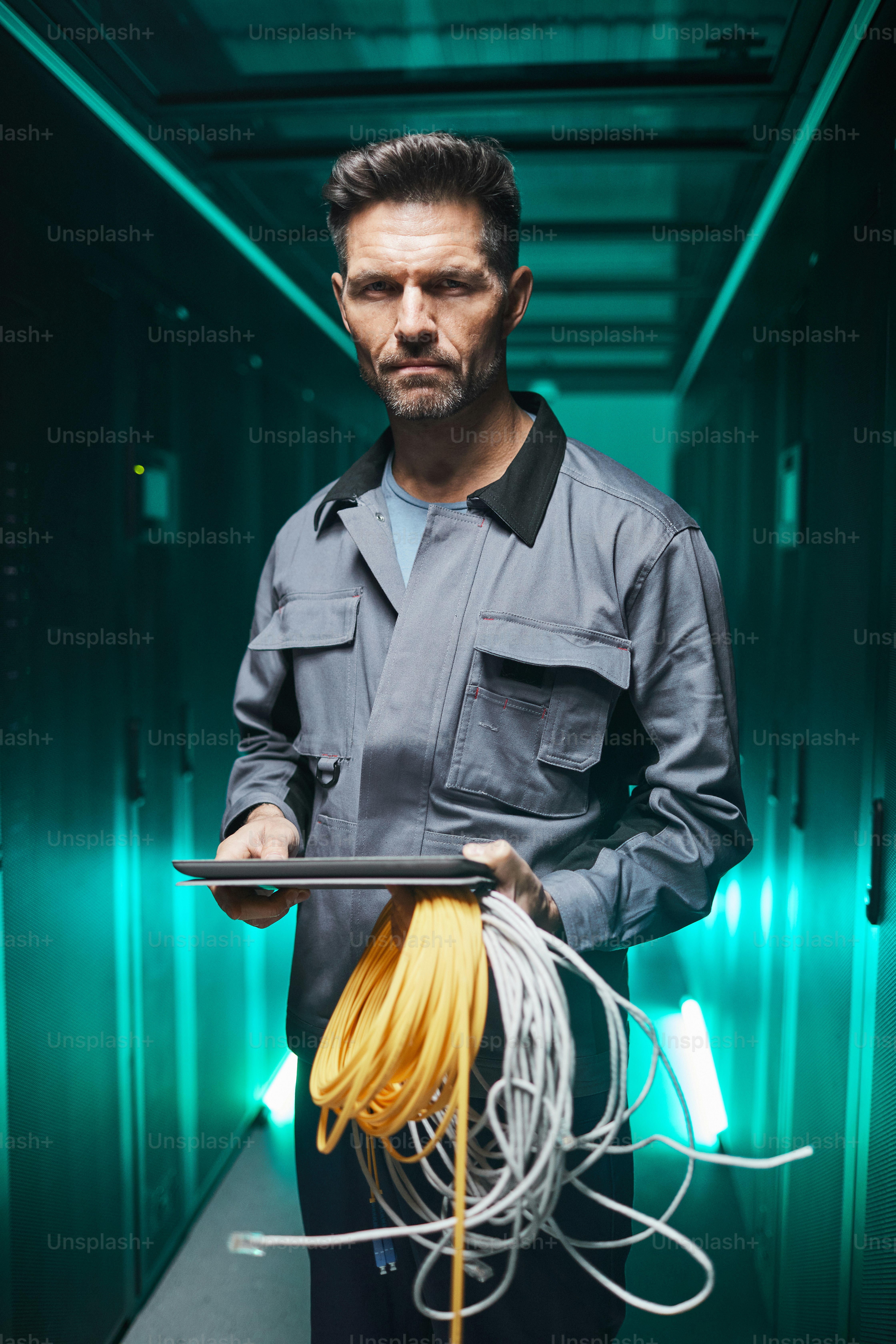 Retrato vertical de engenheiro de rede maduro usando tablet digital na sala do servidor durante o trabalho de manutenção no data center