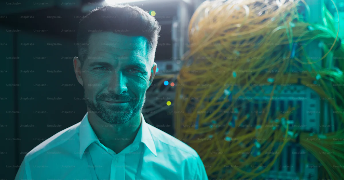 Portrait of handsome data engineer smiling at camera in server room ...