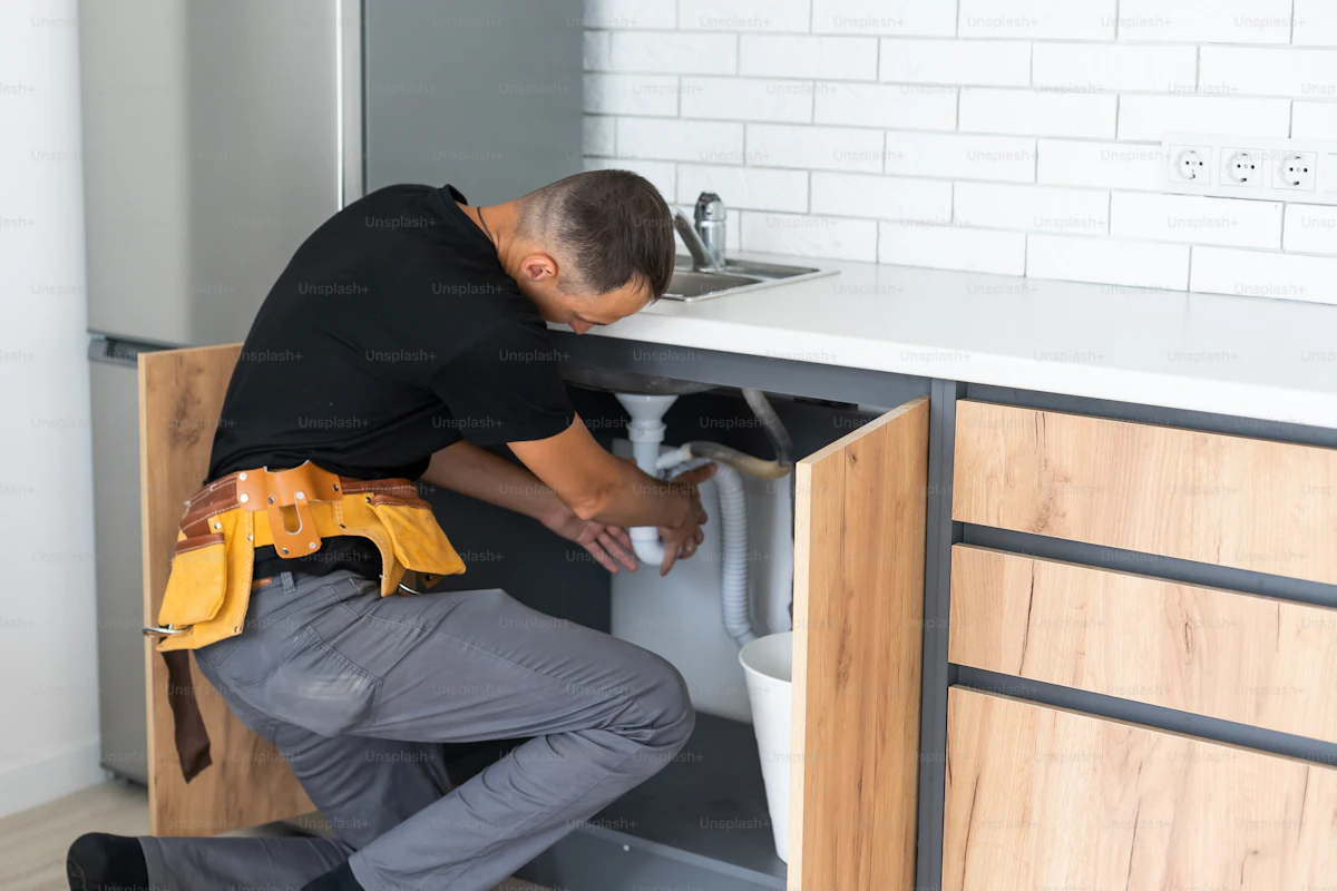 Plumber repairing the pipes under a kitchen sink