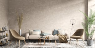 Interior moderno del apartamento con pared de estuco beige y alfombra en el suelo. Acogedora sala de estar con sofá beige, mesas de centro y sillones marrones. Diseño contemporáneo del hogar. Renderizado 3D