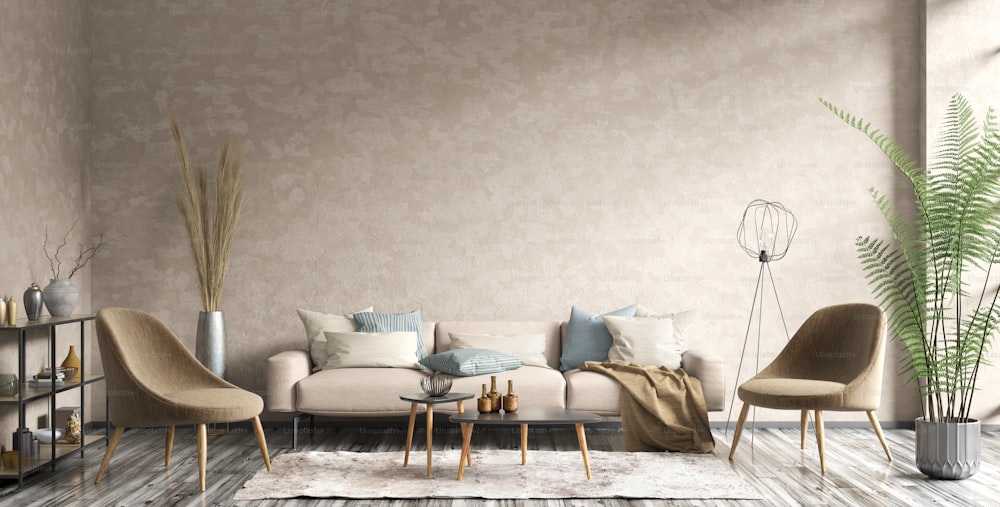 Interni moderni dell'appartamento con parete in stucco beige e tappeto sul pavimento. Accogliente soggiorno con divano beige, tavolini e poltrone marroni. Design contemporaneo per la casa. Rendering 3D