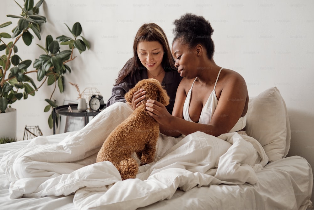 Two happy young women cuddling cute dog while relaxing in bed