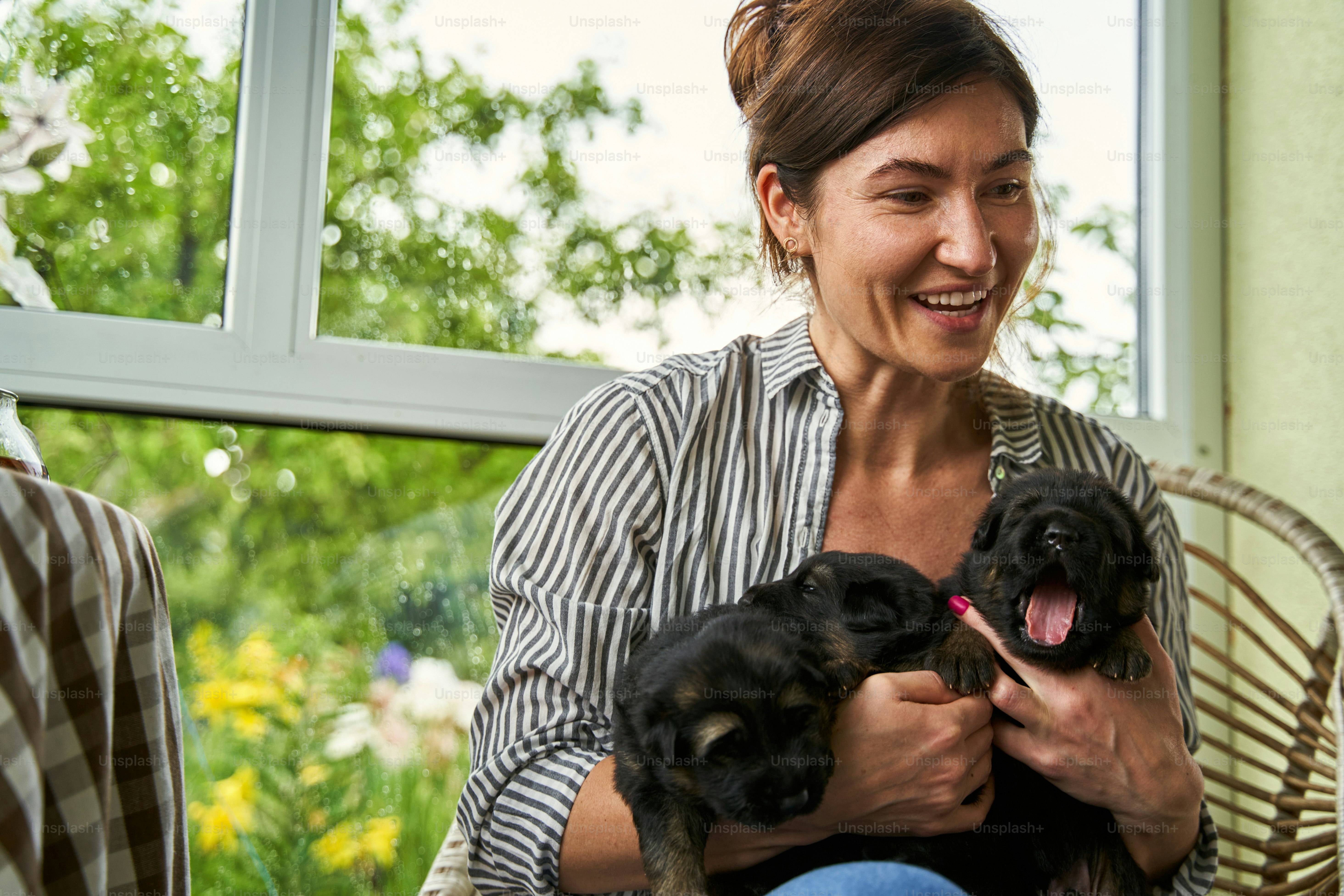 Portrait of cute woman spending time with little dogs in loggia