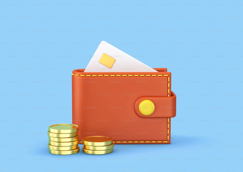Portemonnaie, Kreditkarte und Goldmünzen isoliert auf blauem Hintergrund. Geldsparendes Konzept. 3D-Rendering mit Beschneidungspfad