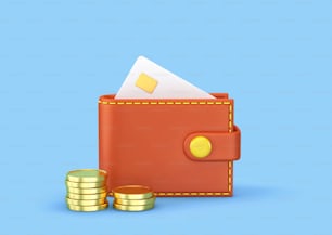 Portemonnaie, Kreditkarte und Goldmünzen isoliert auf blauem Hintergrund. Geldsparendes Konzept. 3D-Rendering mit Beschneidungspfad