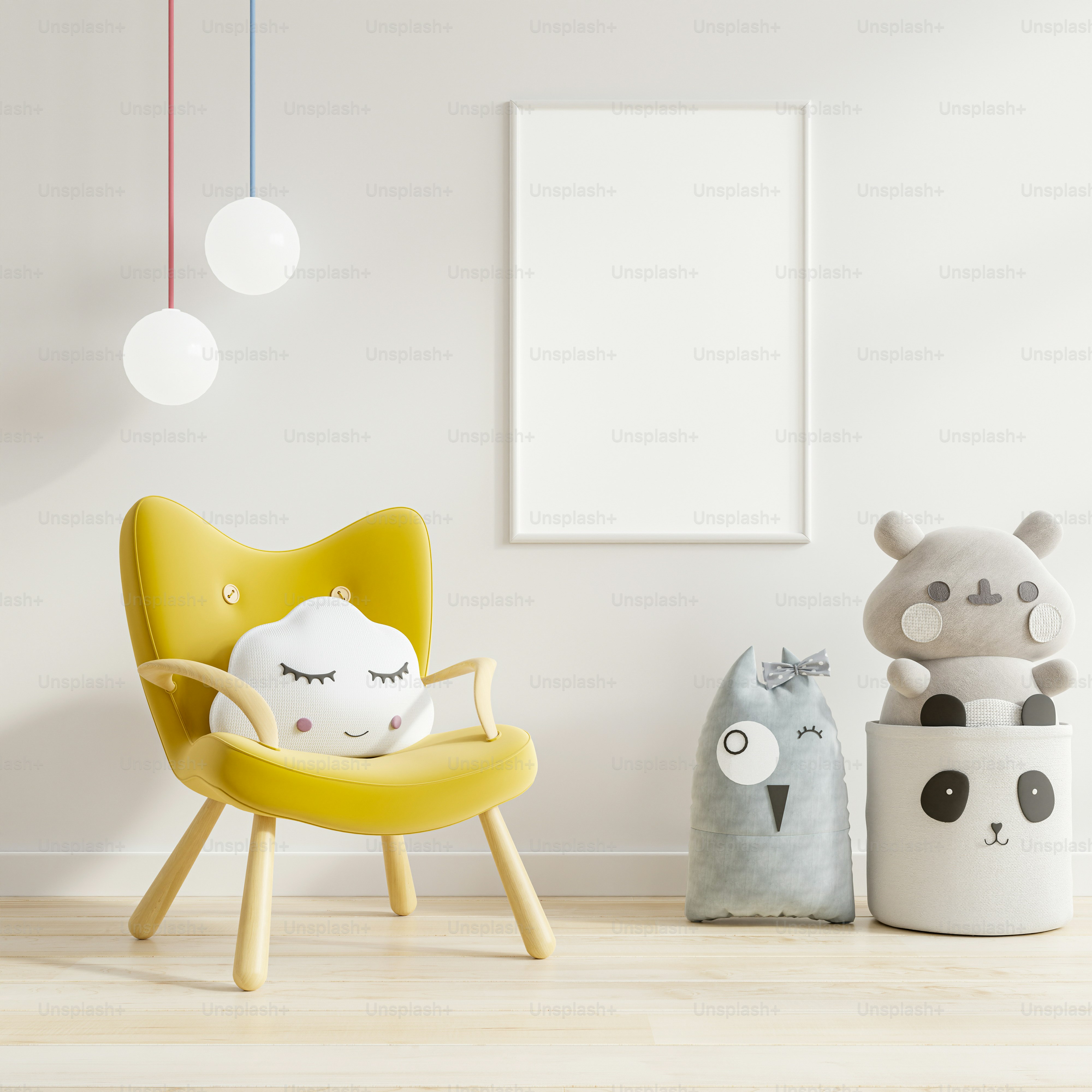 Mockup of poster on the wall in in children room with yellow armchair.3d rendering