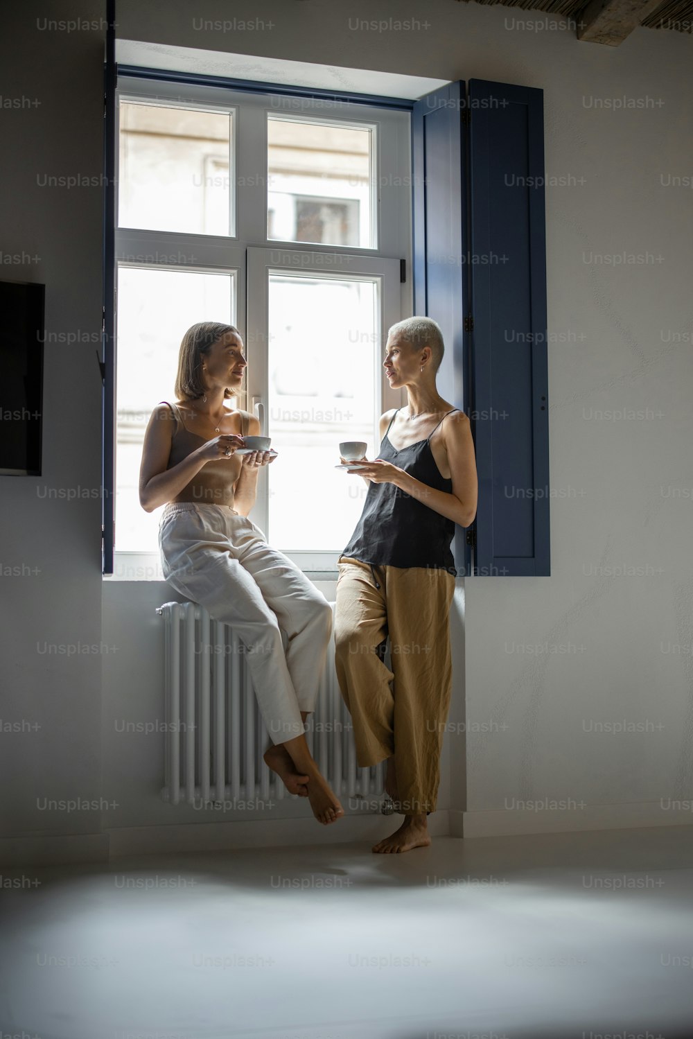 Two girlfriends or lesbian couple stand together and talk near the window at modern bright living room. Homosexual relations and comfort living at home conccept