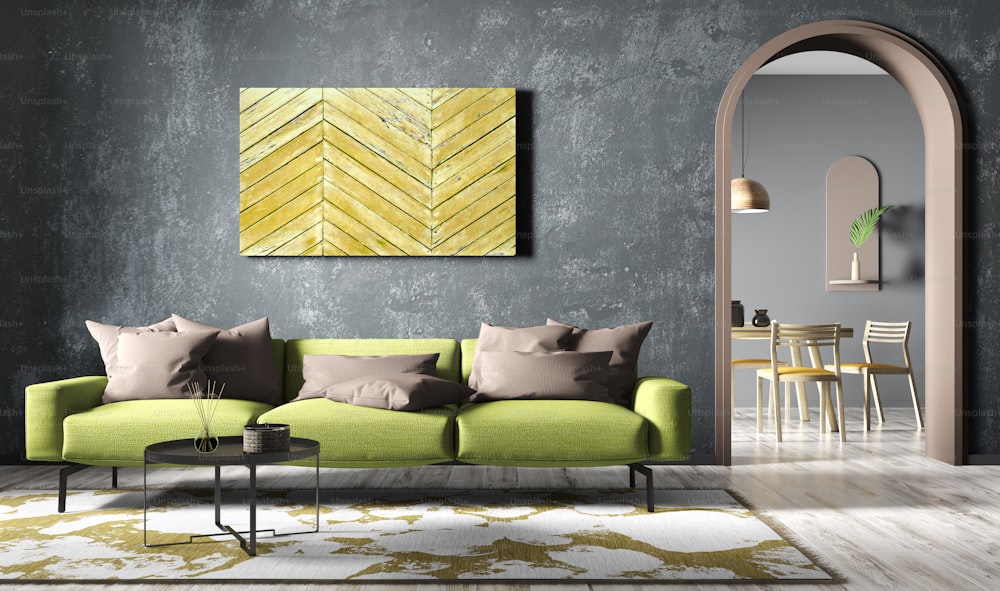 Diseño interior moderno de sala de estar con sofá verde, estuco de hormigón pared negra con puerta, diseño del hogar 3D renderizado