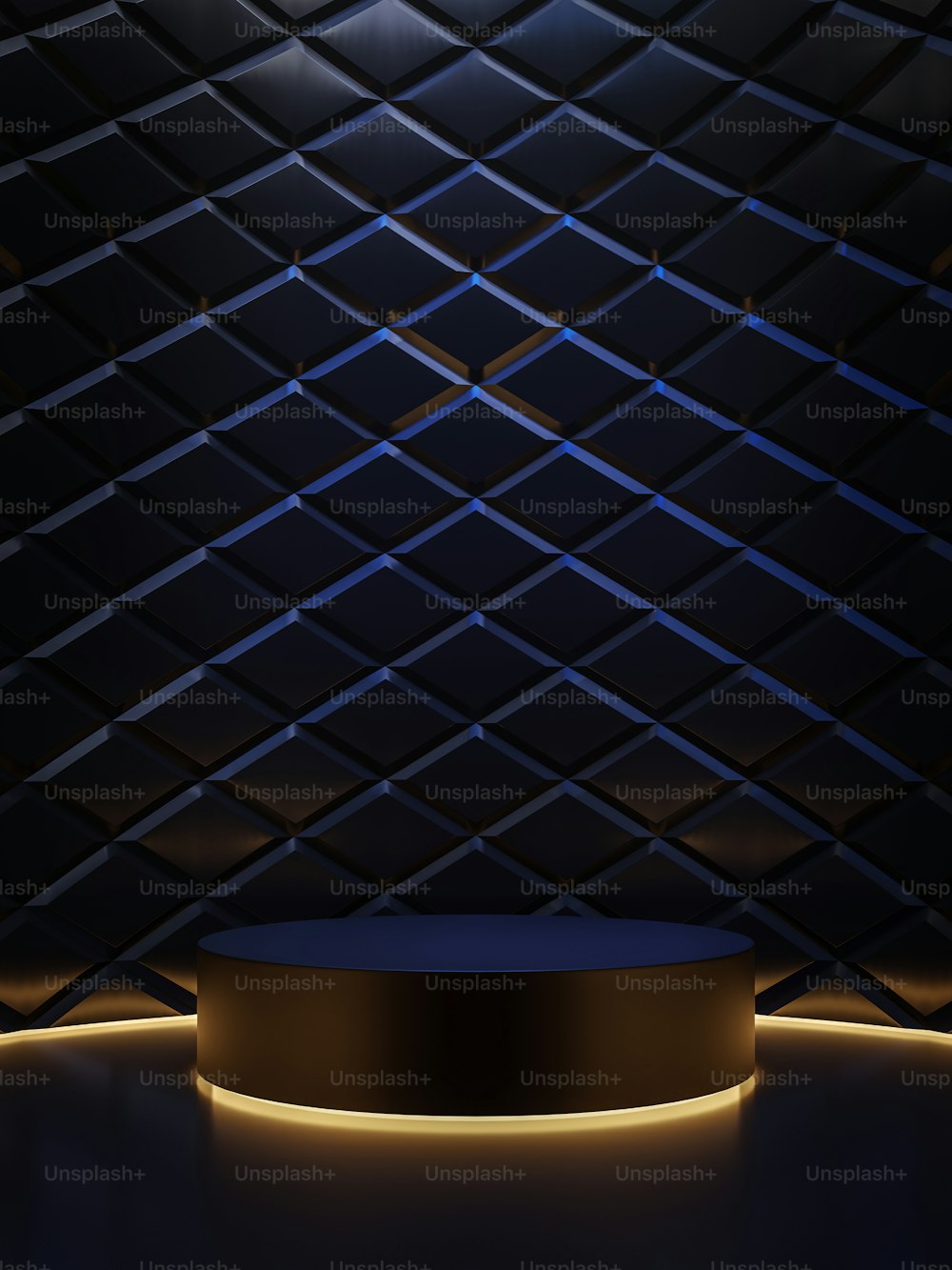 Black friday concept cylinder podium with diamond pattern background 3d render decorate with hidden orange light