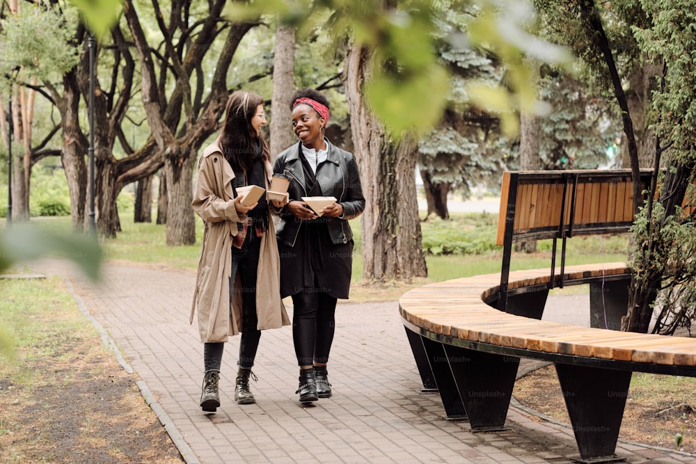 Duas namoradas interculturais amorosas com lanches interagindo enquanto caminham no parque