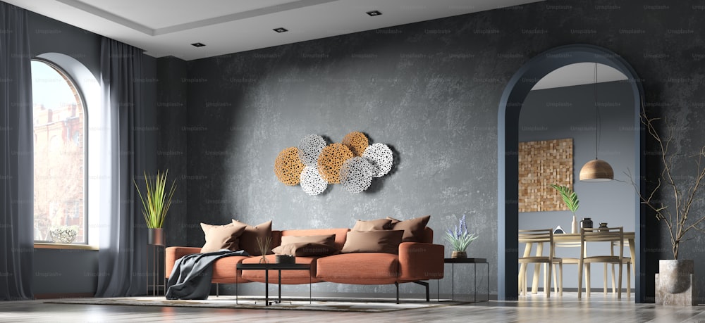オレンジ色のソファを持つリビングルームのモダンなインテリアデザイン、黒いコンクリートのスタッコ壁とアーチドアを持つアパート、ホームデザイン3Dレンダリング