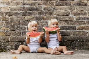 Babies and watermelon. Twins in white bodysuits for children with beautiful blue eyes and blonde hair sit on the floor and enjoy watermelon. Healthy snacks and happy growing up in the countryside