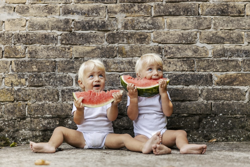Babies and watermelon. Twins in white bodysuits for children with beautiful blue eyes and blonde hair sit on the floor and enjoy watermelon. Healthy snacks and happy growing up in the countryside