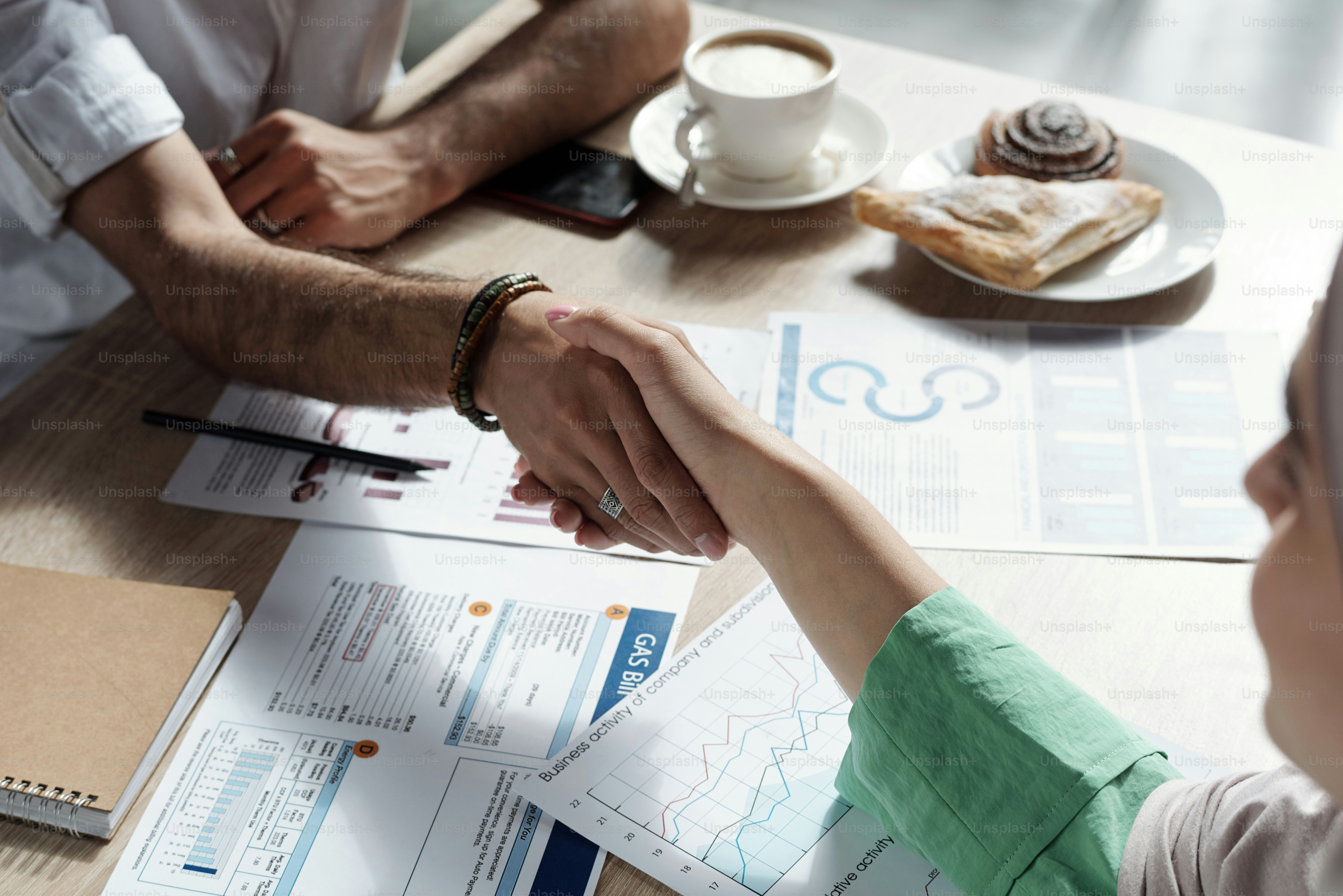 Young Arabic businesswoman shaking hand of male business partner over table