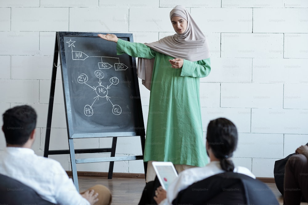 Mujer árabe segura de sí misma explicando el diagrama en la pizarra a los estudiantes