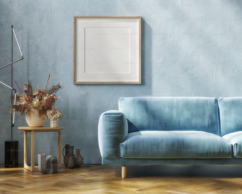 Home interior, living room in blue light color, 3d render, 3d illustration