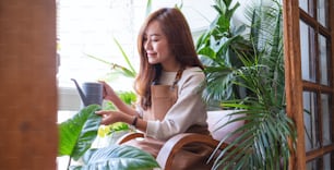 A young woman taking care and watering houseplants by watering can at home