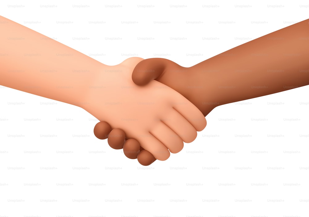 Black and white human hands in a handshake isolated on white background. 3D rendering with clipping path