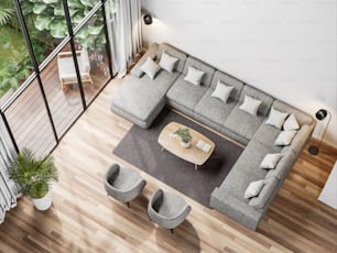 Draufsicht auf das moderne Wohnzimmer mit 3D-Rendering im tropischen Stil mit Blick auf den Garten, die Zimmer verfügen über Holzböden, Dekor mit grauem Stoffsofa, mit Blick auf die Holzterrasse und den grünen Garten.