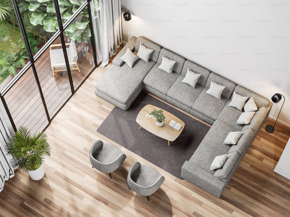 トロピカルスタイルのガーデンビュー3Dレンダリングを備えたモダンなリビングルームのトップビュー、部屋には木製の床があり、灰色の布製のソファで飾り、木製のテラスと緑の庭園を見渡せます。
