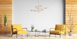 Interior design del soggiorno con tavolini, lampadario e due poltrone gialle sopra la parete grigia con pannelli in legno, home design rendering 3d