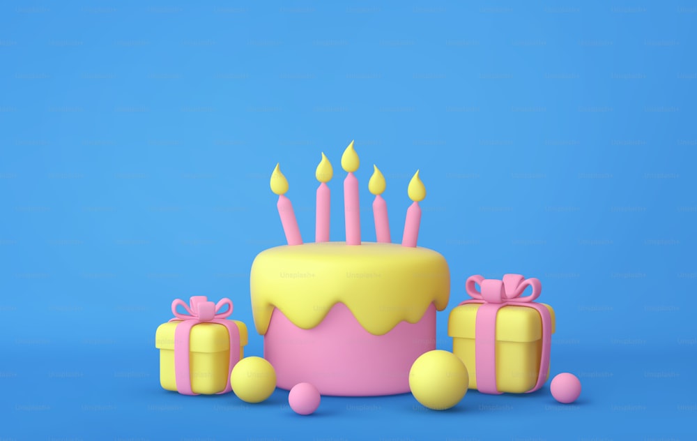 Cartoon-Kuchen mit Kerzen und Geschenkboxen auf blauem Hintergrund. 3D-Rendering