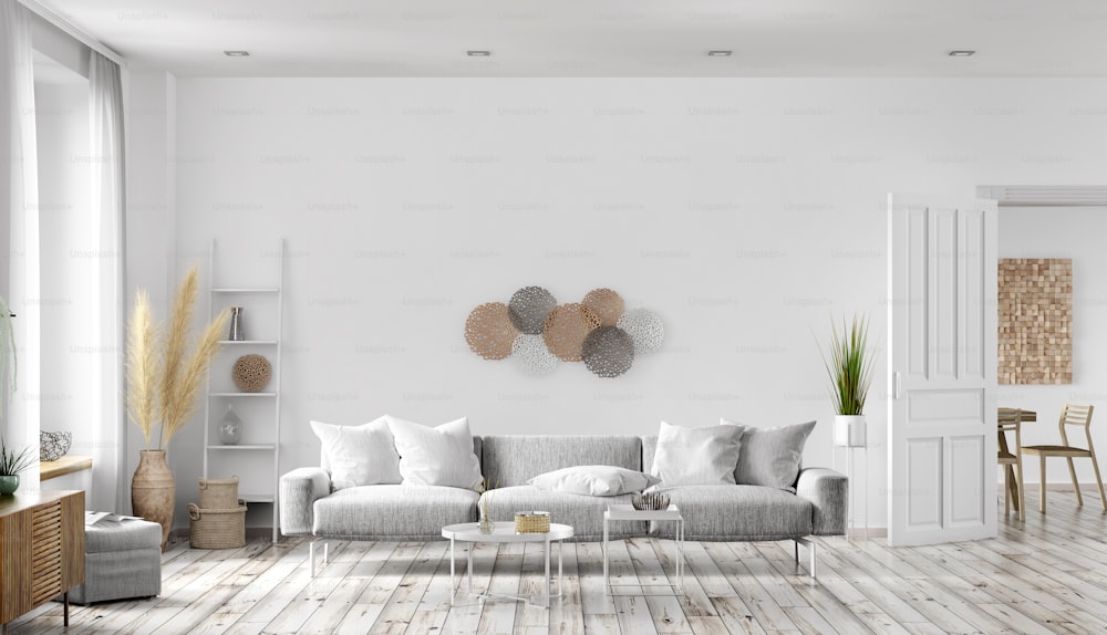 Interior design moderno di soggiorno in stile scandinavo con divano grigio, appartamento con parete bianca, finestra e porta, rendering 3d home design