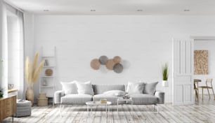 Interior design moderno di soggiorno in stile scandinavo con divano grigio, appartamento con parete bianca, finestra e porta, rendering 3d home design