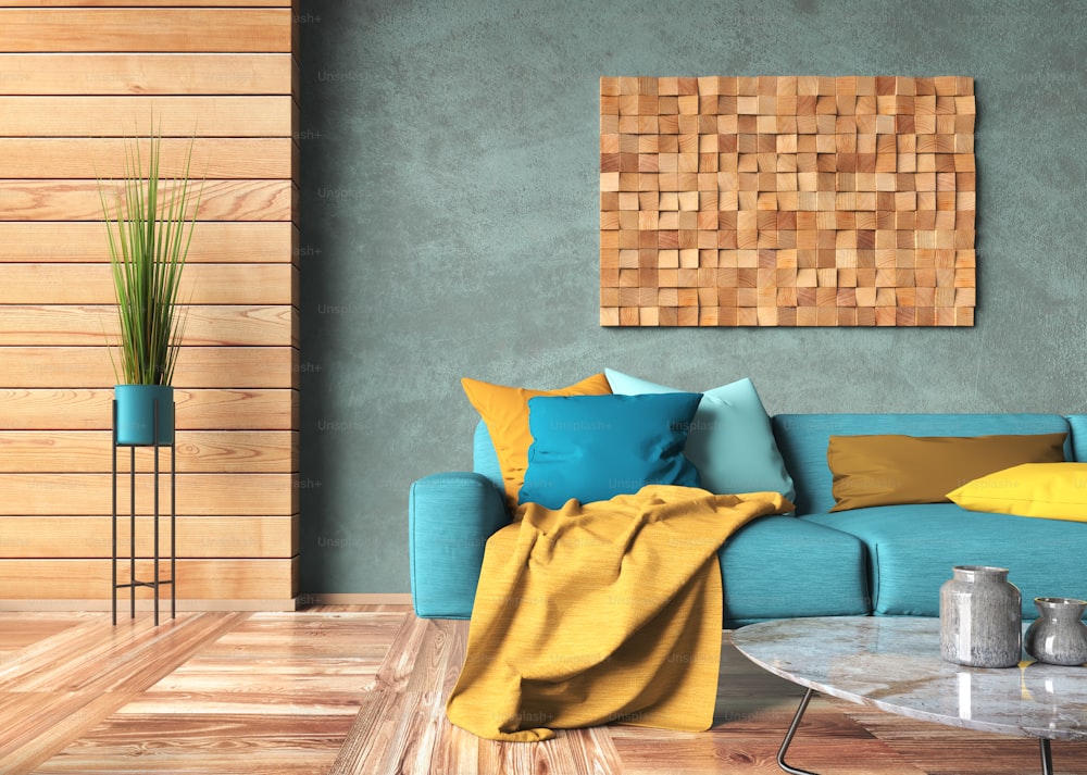 Interior design of modern living room with turquoise sofa and multicolored cushions. Wooden paneling and blue stucco wall with wooden decor. Home design. 3d rendering