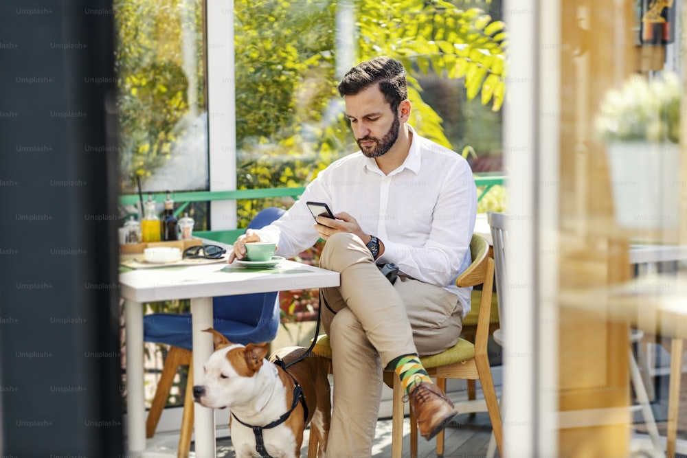Un homme d’affaires barbu habillé de façon élégante et décontractée, assis dans un café acceptant les animaux de compagnie avec son chien et dégustant son café. Il utilise son téléphone.