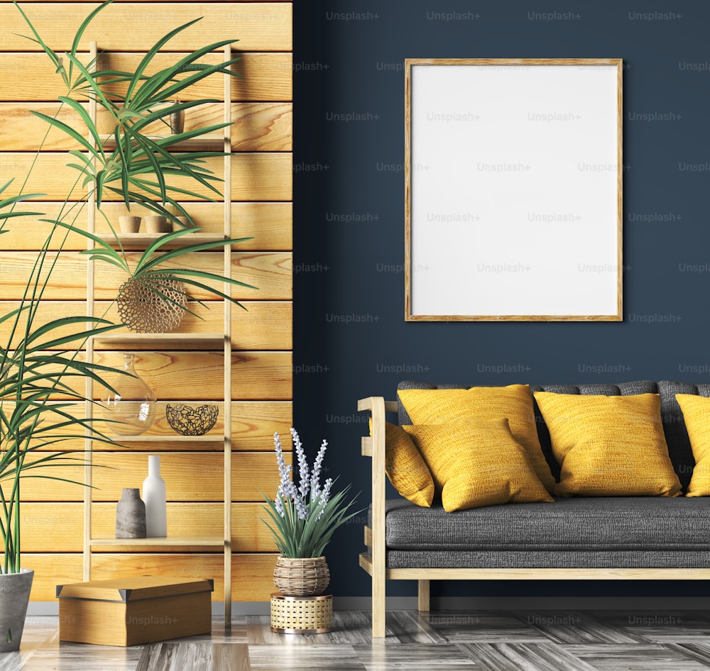 Interior design of modern living room with black sofa and yellow cushions over the dark blue wall with poster, wooden panelling, home design 3d rendering
