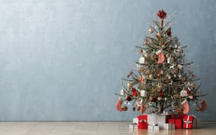 Habitación de Navidad decorada con regalos de Feliz Navidad en el acogedor interior de la casa de Santa. Ilustración 3D