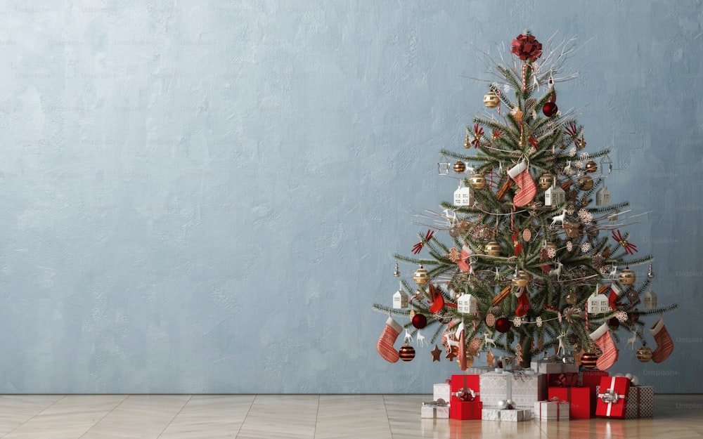 Camera di Natale decorata con regali di buon Natale nell'accogliente interno della casa di Babbo Natale. Illustrazione 3D