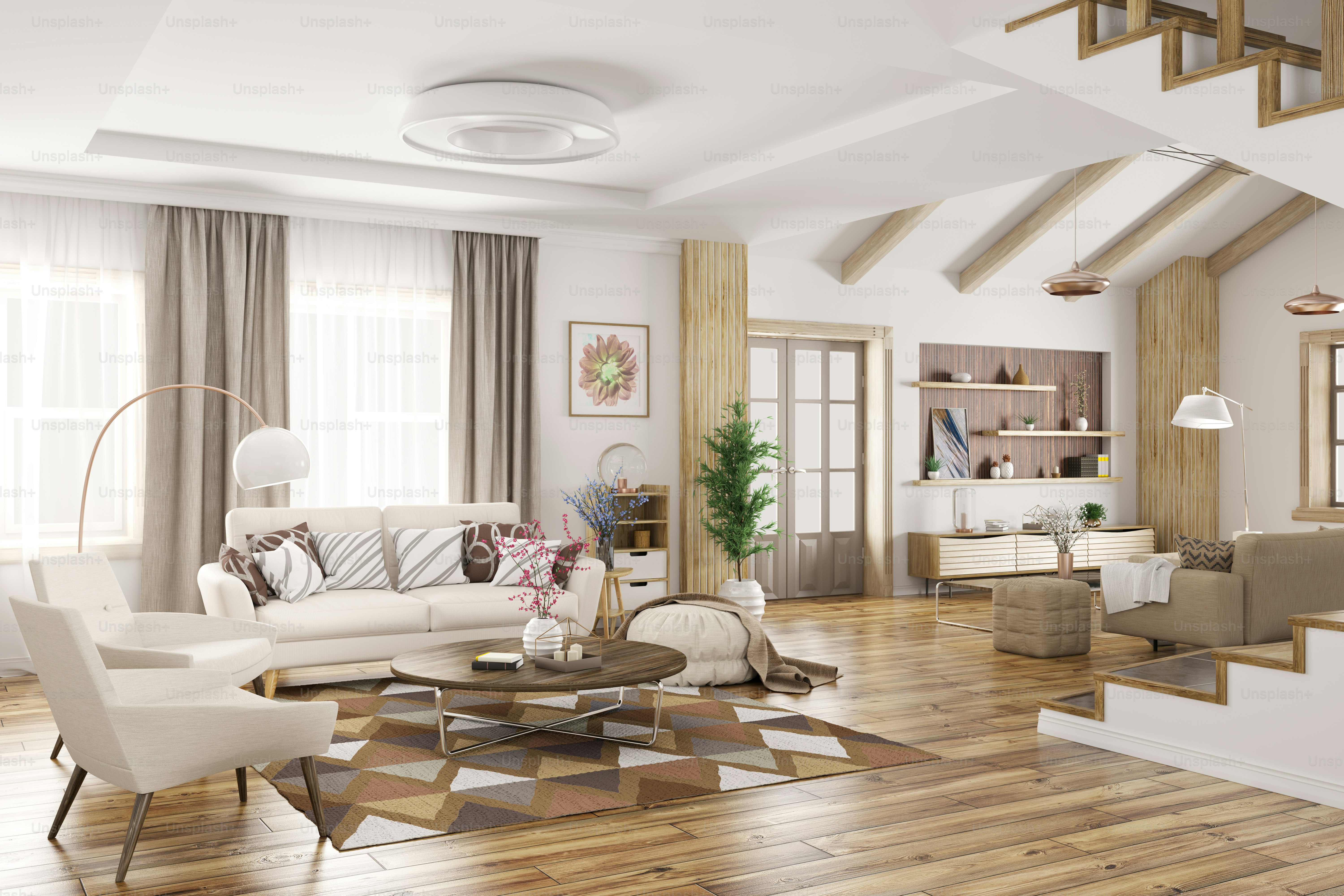 Modern interior of house, living room with sofa and armchairs, staircase 3d rendering