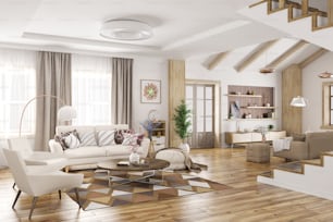 Modernes Interieur des Hauses, Wohnzimmer mit Sofa und Sesseln, Treppenhaus 3D-Rendering