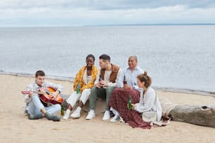 Retrato de cuerpo entero de un grupo diverso de amigos en la playa en otoño tocando la guitarra y bebiendo cerveza, espacio de copia
