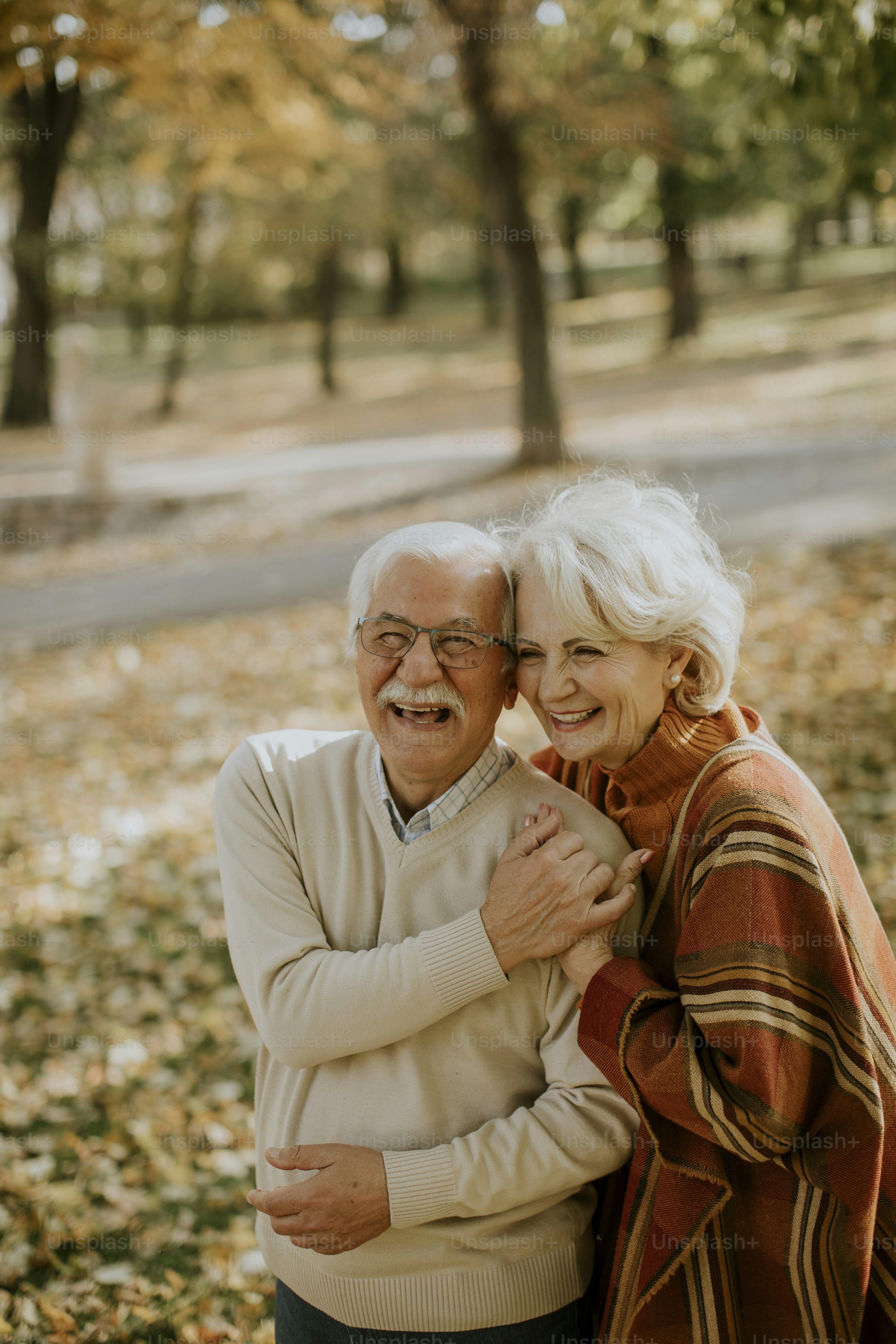 Handsome senior couple embracing in autumn park