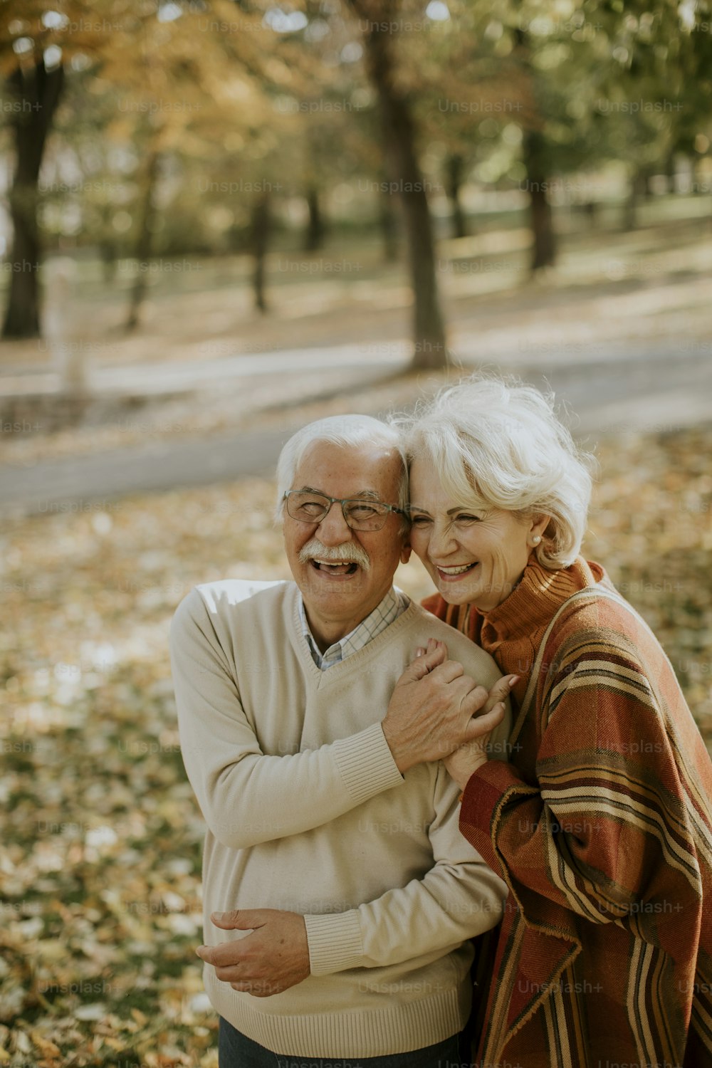 Bella coppia anziana che abbraccia nel parco autunnale