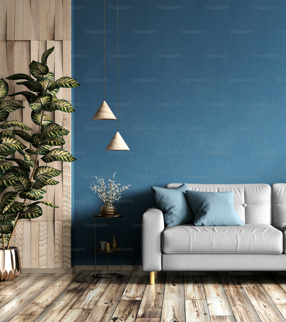 モダンなアパートのインテリアデザイン、現代的なリビングルームの灰色のソファ、青いスタッコモックアップ壁、家のデザイン。3Dレンダリング